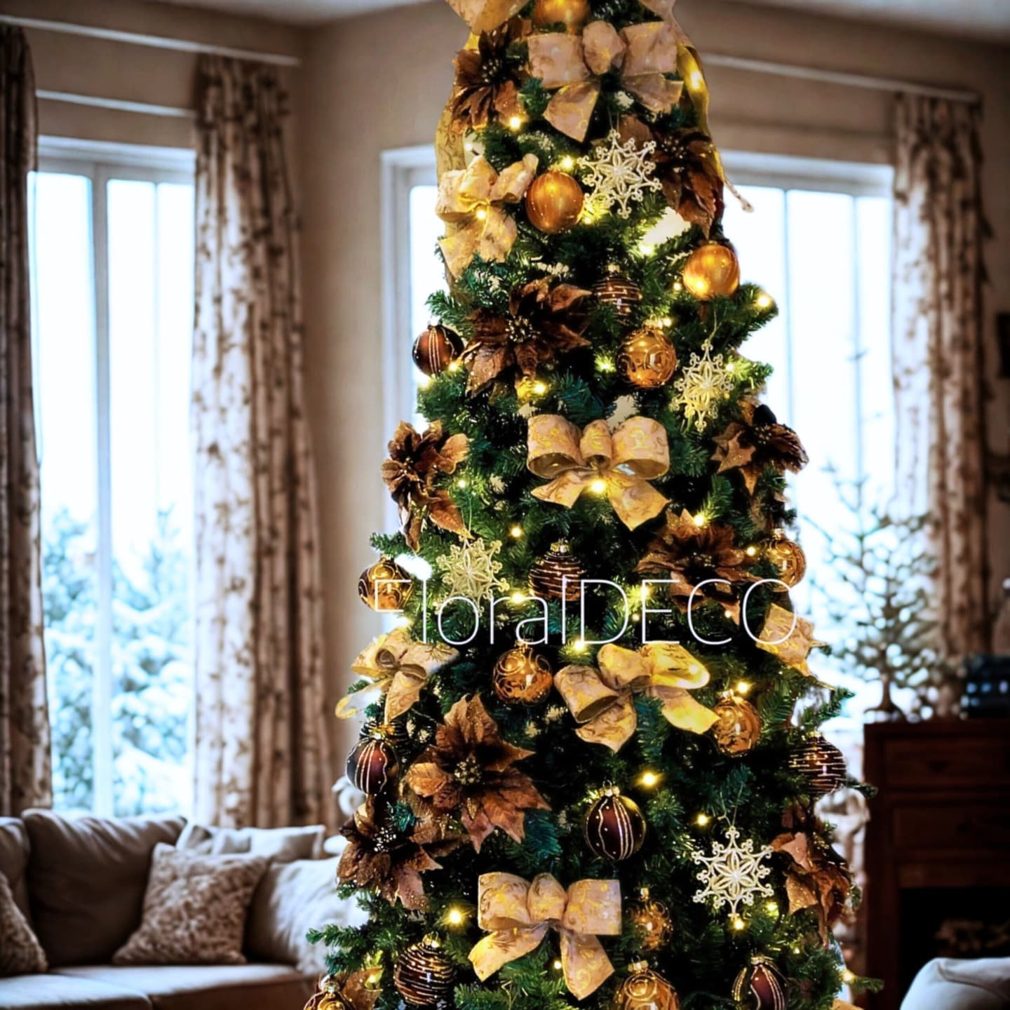 ブラウン×ゴールドのオーナメントで飾られたクリスマスツリー