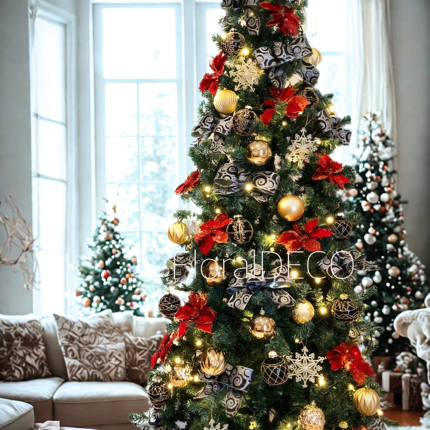 エレガントな装飾が施されたレンタルクリスマスツリー